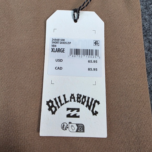 Billabong Mens XL Short Sands Zip Up Hoodie Jacket Sand Beige NWT - Picture 2 of 6